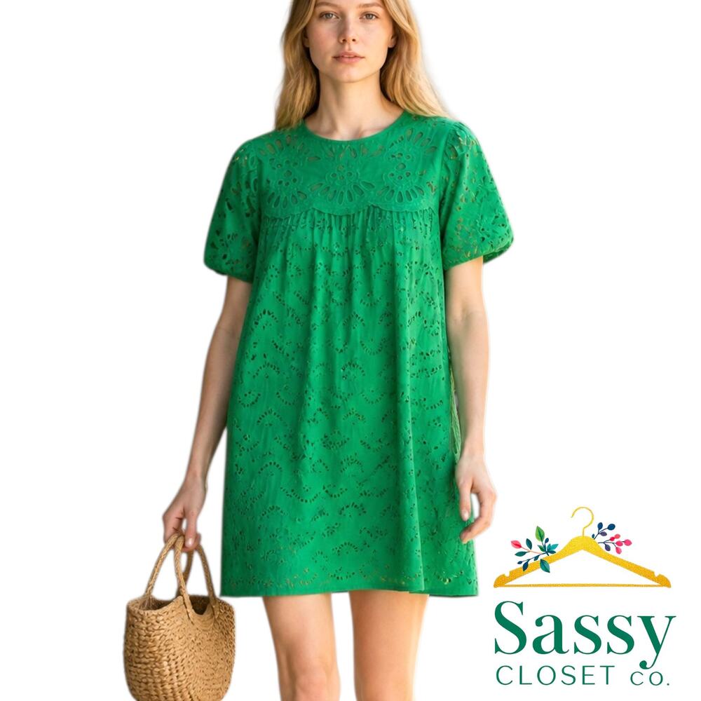 ANN TAYLOR Emerald Green Eyelet Cutout Dress 10P Petite Puff Sleeve Cotton EUC